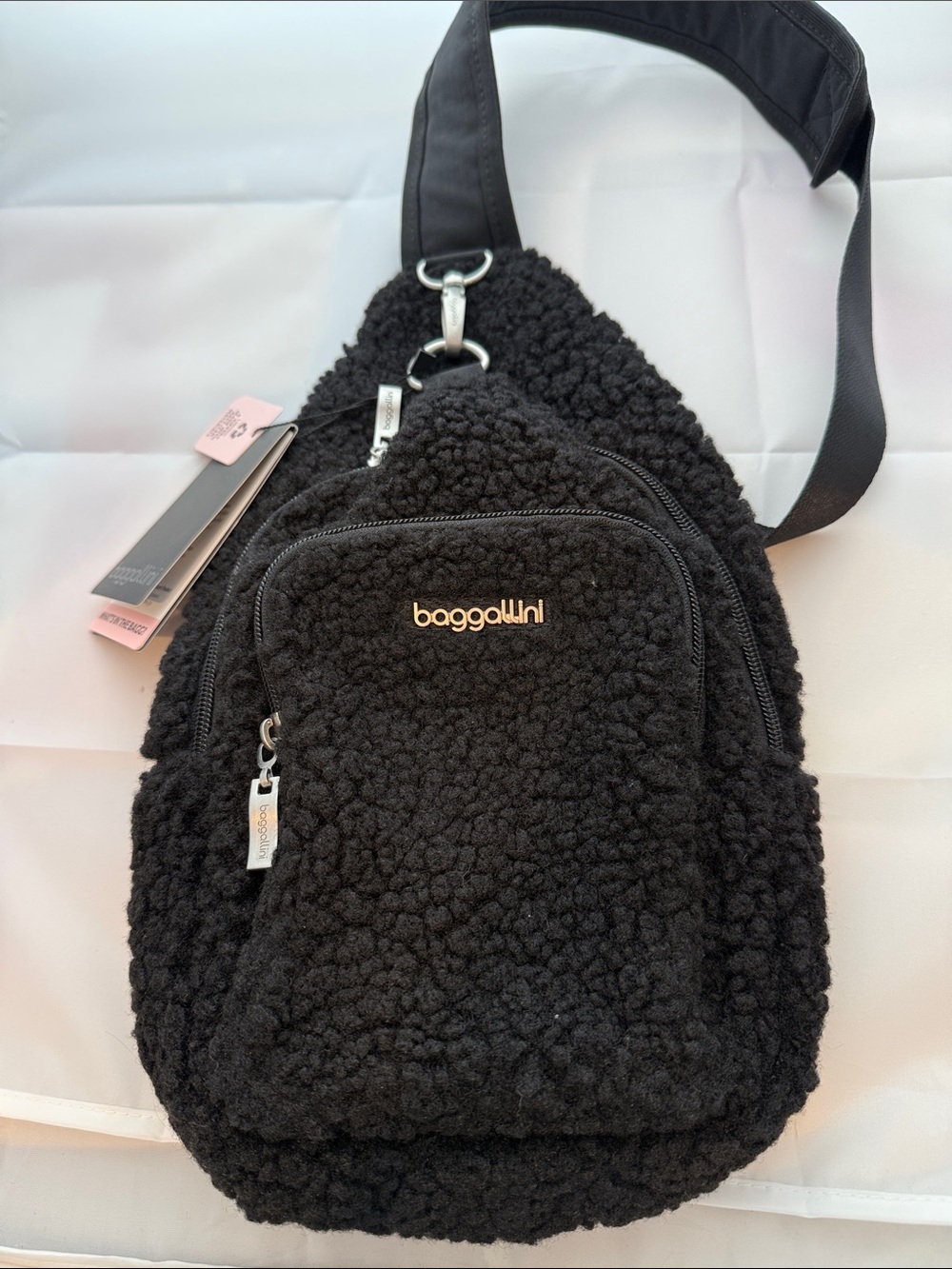 Baggalini Central Park Sling Black Faux Shearling Crossbody Bag NWT